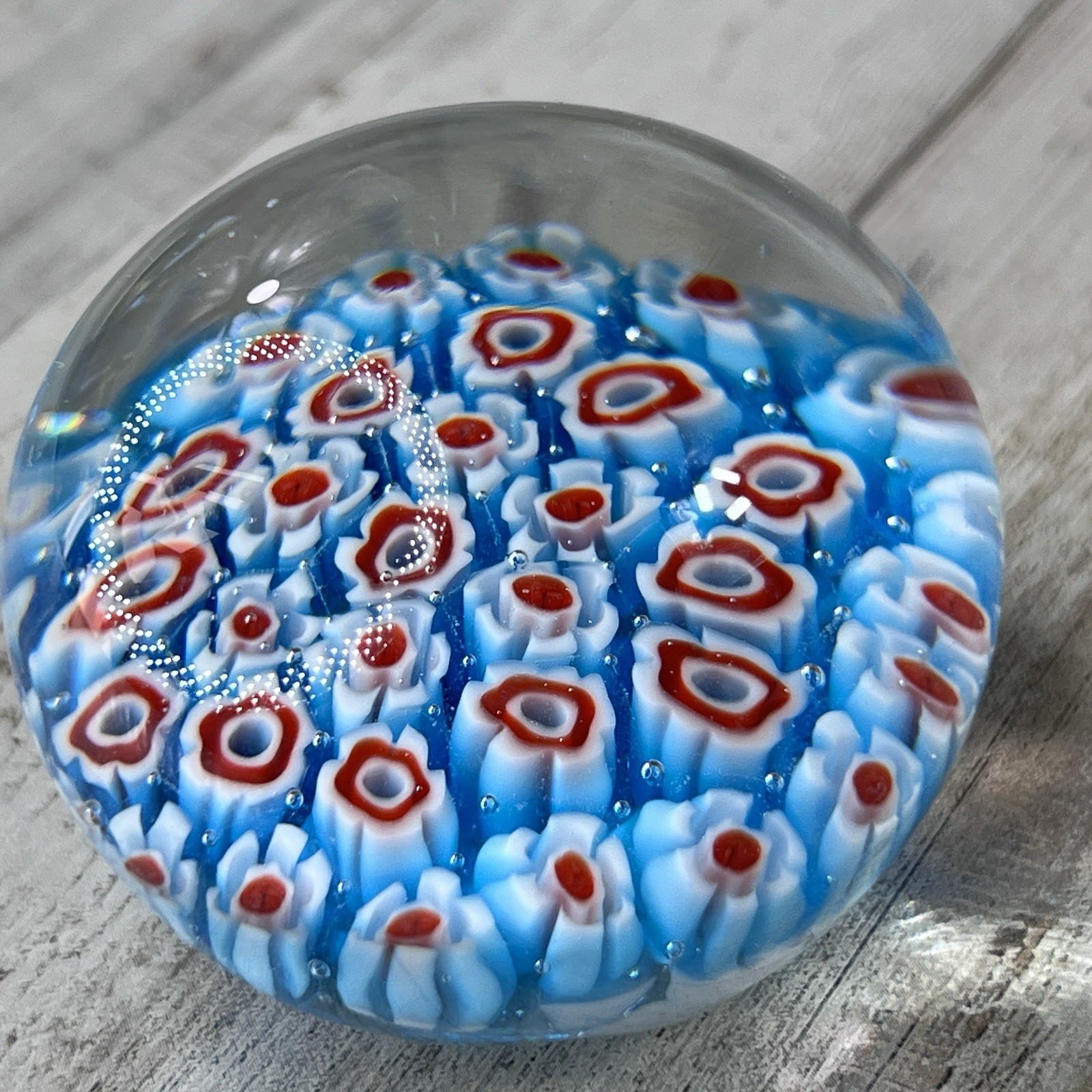 Vintage 2.5” Round Blown Glass Millifiori Flower Design Paperweight
