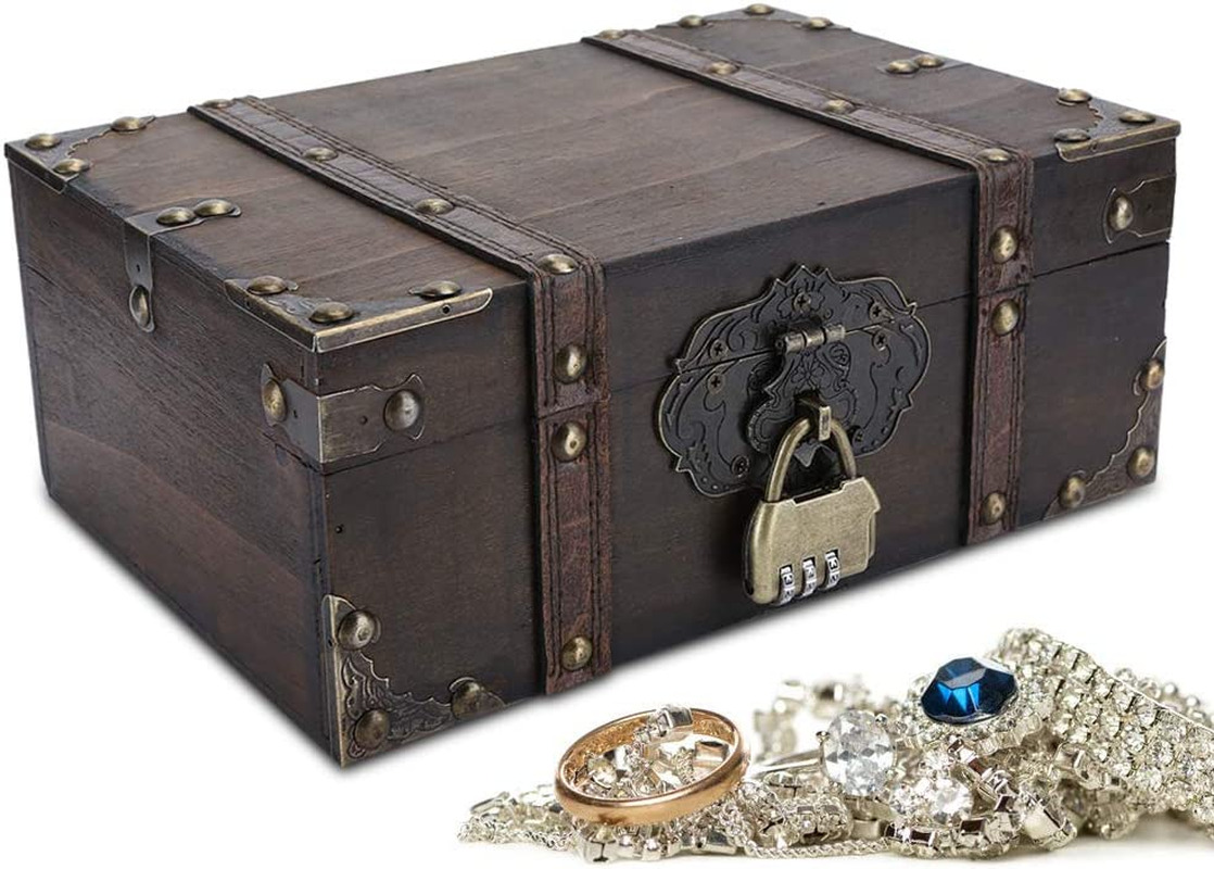 Vintage Wooden Boxes with Lock - Pirate Treasure Chest with Iron Lock and Skelet