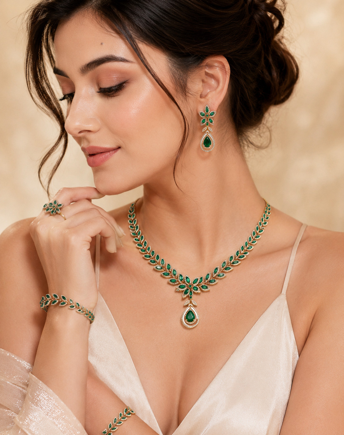 Lab-Created Emerald 14K Yellow Gold Over Necklace Earrings Bracelet Ring All Set