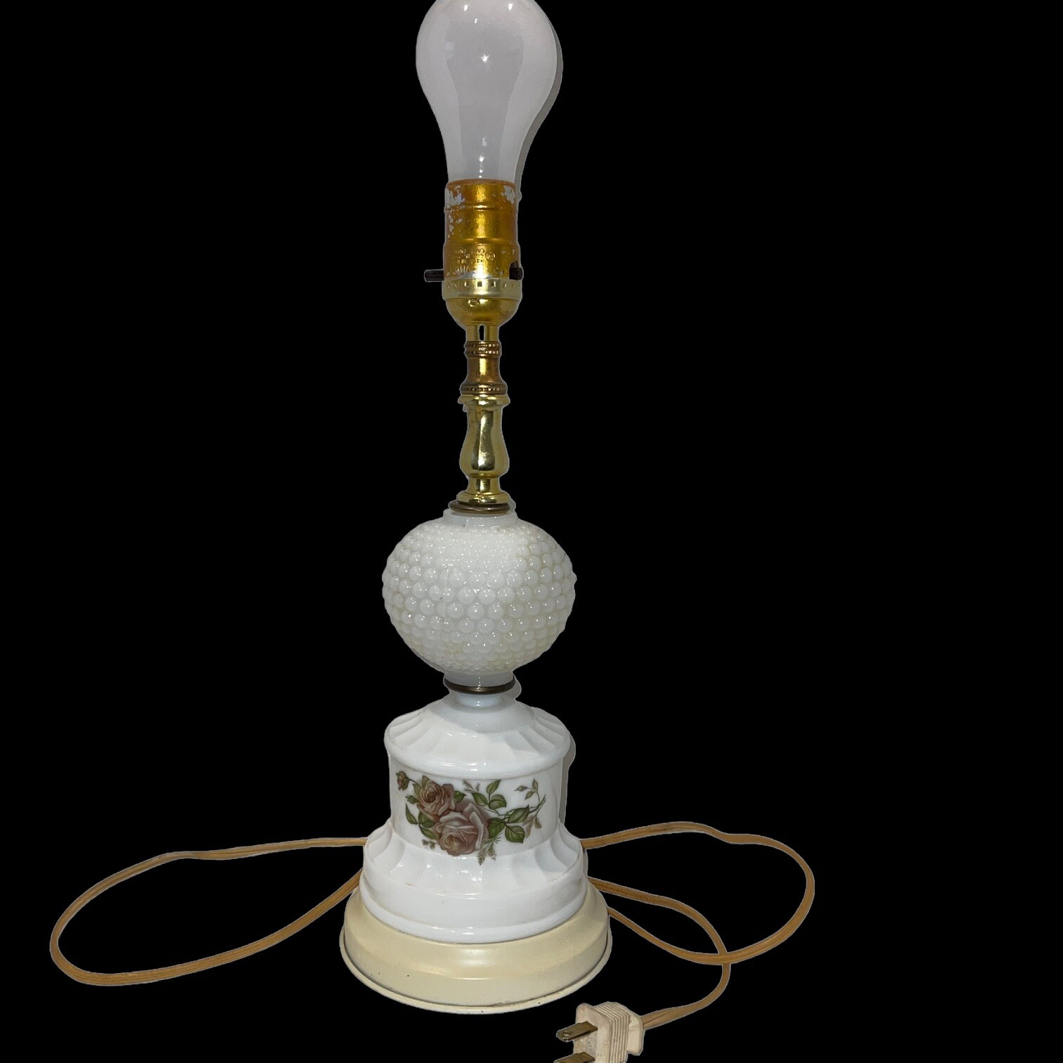 Vintage White Milk Glass Hobnail Table Lamp With Deep Lavender Rose Pattern