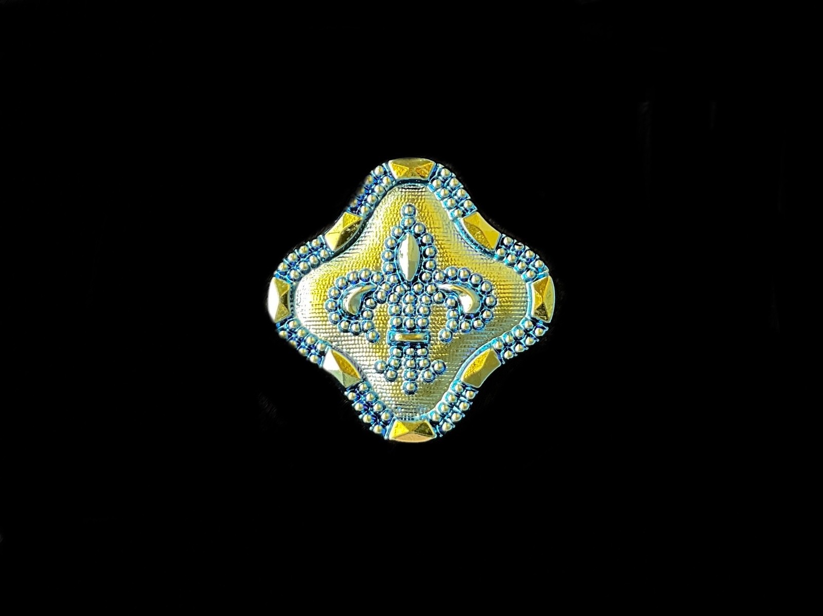 23mm Czech Glass Button Fleur De Lis Black With Blue Gold Lustre AB Glass Shank