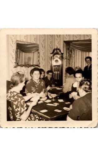 1952 Ladies Card Party Photo - Clock, Interior, Women, Snapshot, Poker Game