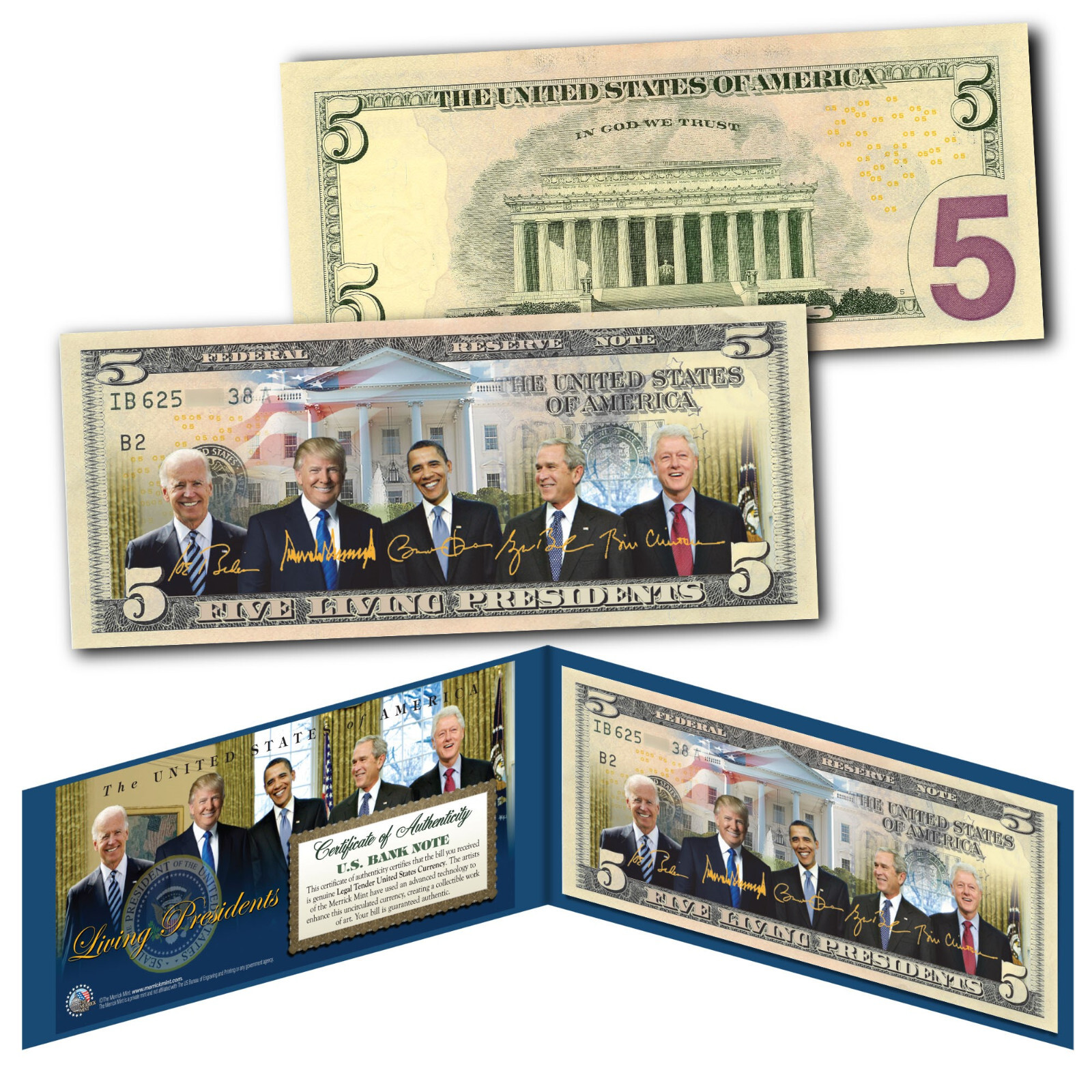 2025 LIVING PRESIDENTS Genuine $5 Bill - Trump / Biden / Obama / Bush / Clinton