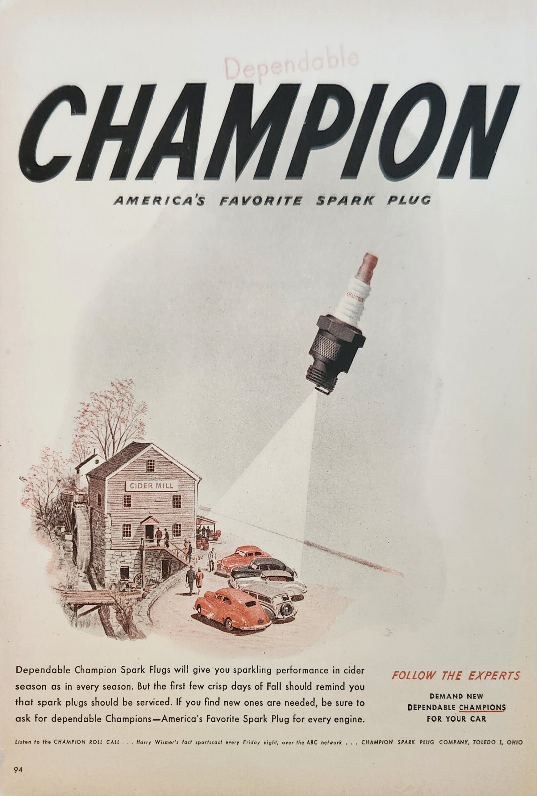 1947 Champion Spark Plugs Vintage Ad dependable sparkling performance