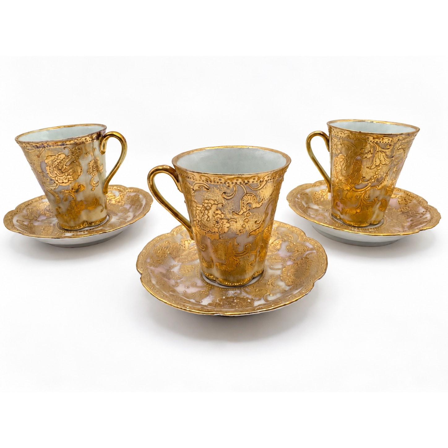 Antique Nippon Maple Leaf Moriage Chocolate Cups Saucers Set 3 Gold Japan