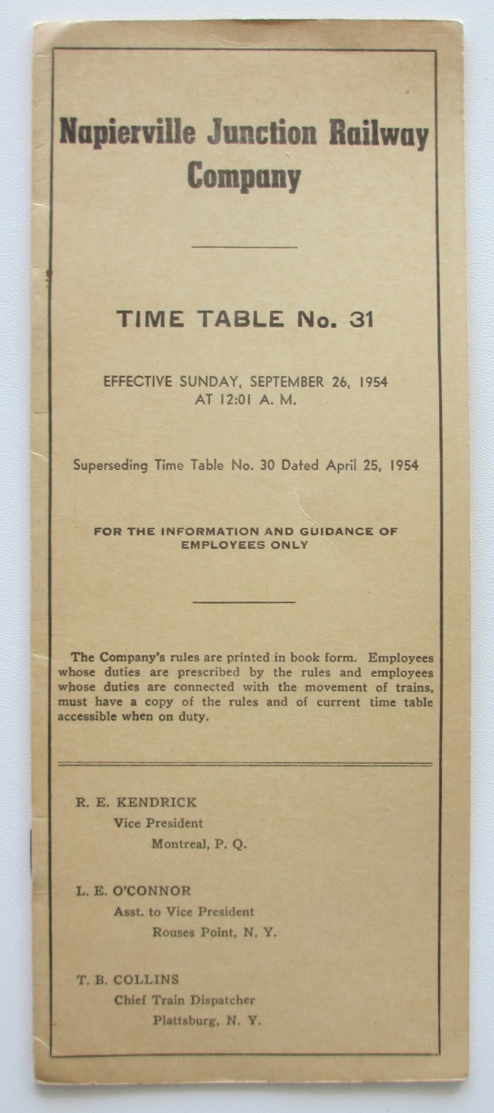 Vintage 1954 Napierville Junction Railway Timetable No. 31 Rouses Point New York