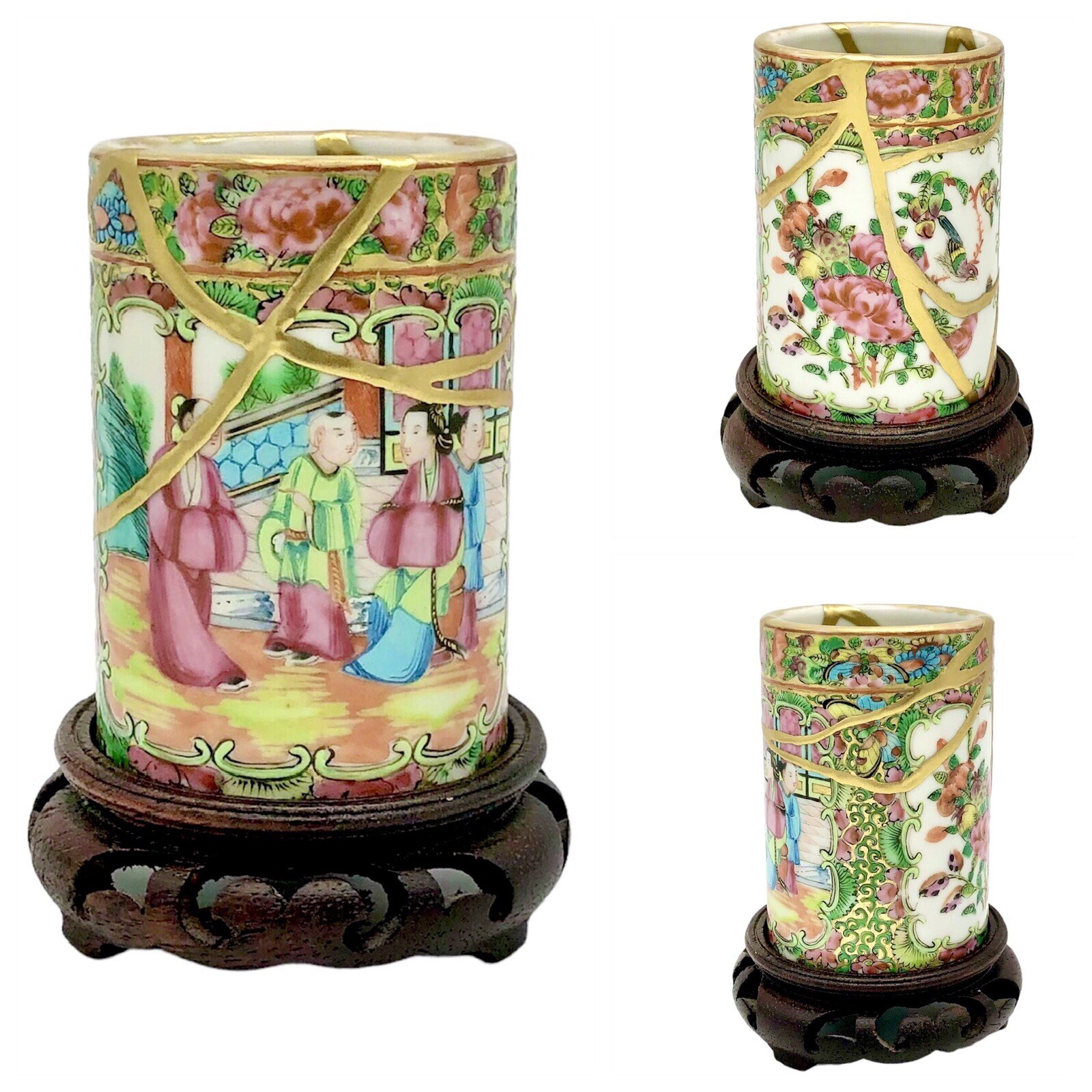 Kintsugi Cup Vase Chinese Rose Medallion Brush Pot Gold Crack Growth Gift
