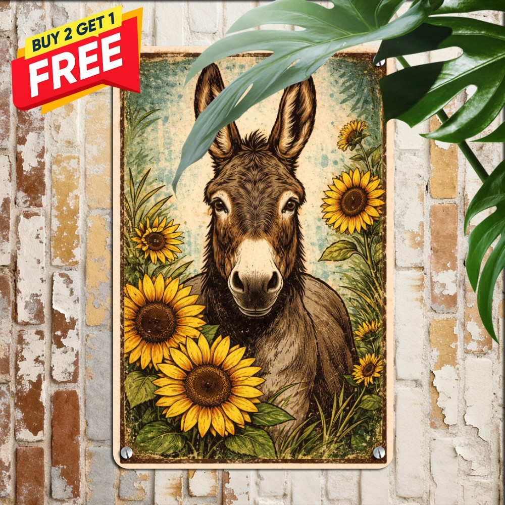 Rustic Donkey Sunflower Metal Sign Vintage Country Farmhouse Wall Plaque