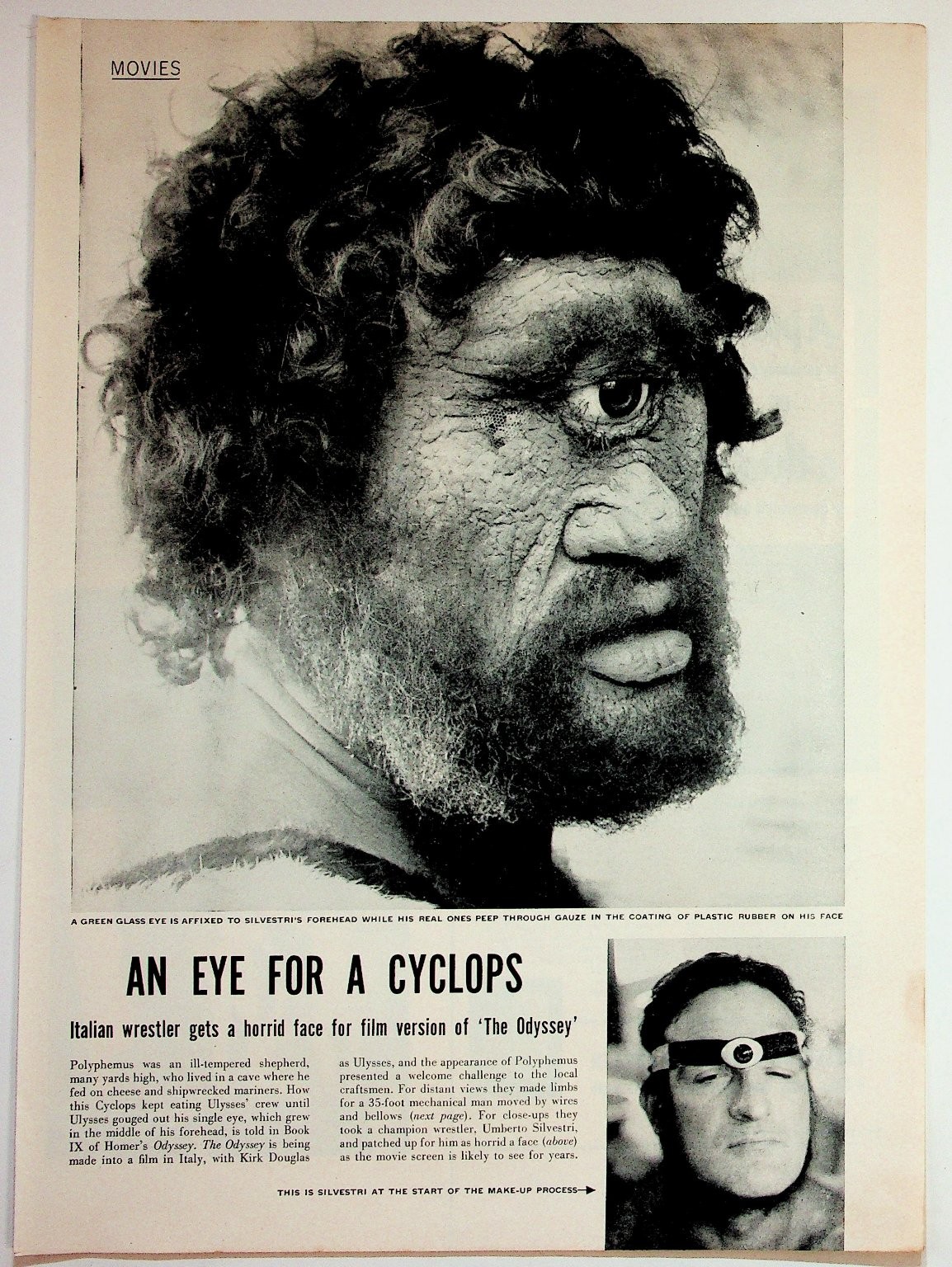 1950s The Odyssey Movie Cyclops Makeup Umberto Silvestri Magazine Page B&W