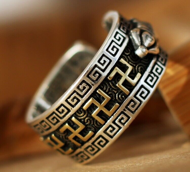 S925 Sterling Silver Swastika Ring Buddhist Finger Heart Sutra Jewelry Decor