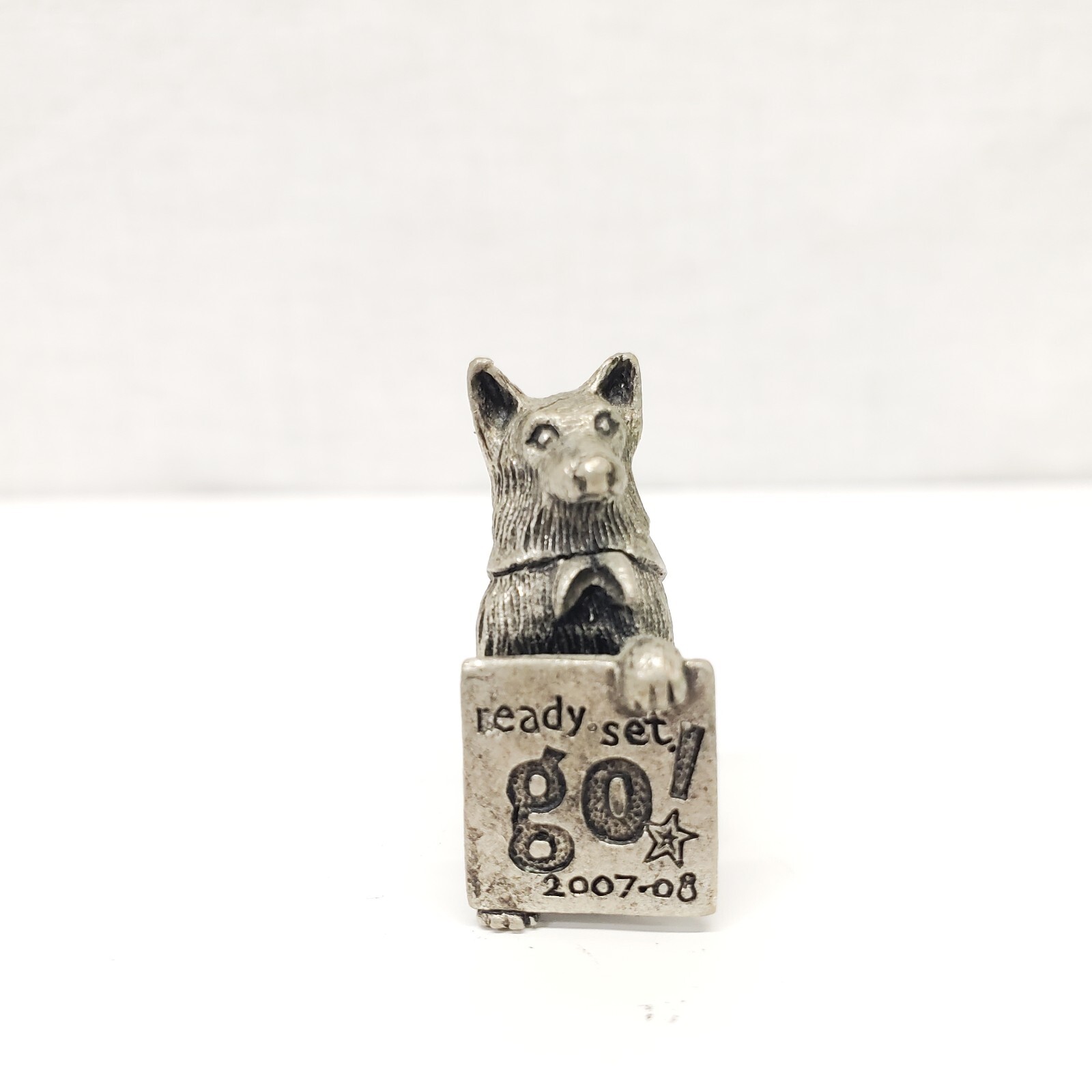 Unmarked Miniature Pewter Figurine Dog with Sign Ready Set Go 2007-08 Shepard Unmarked Miniature Pewter Figurine Dog with Sign Ready Set Go 2007-08 Shepard