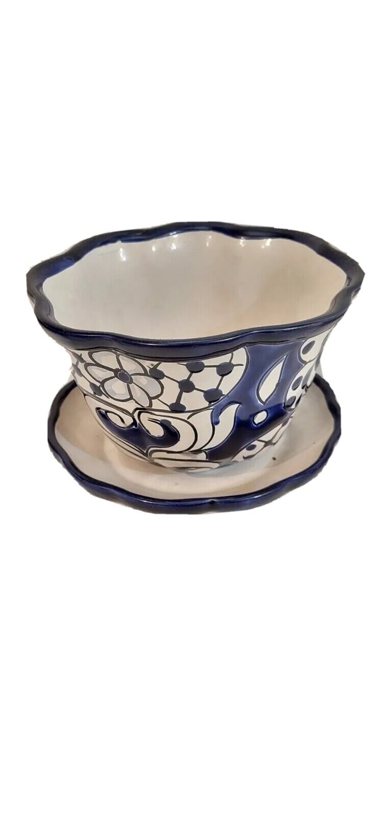 Mexican Blue White Pottery Planter w/ Attached Under Plate  