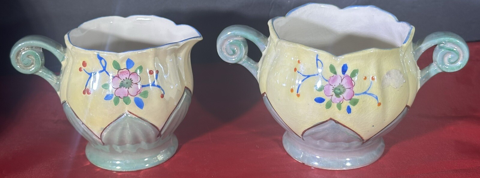Vintage Royal Trico Art Deco Lusterware Floral Creamer and Sugar Bowl Set Japan