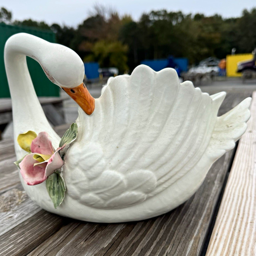 White Ceramic Swan Planter Hand-Painted Glazed Floral Pattern for Plants