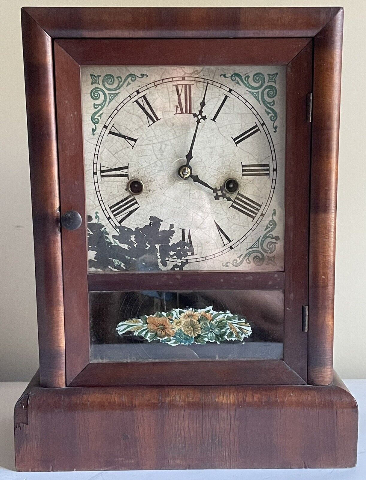 Antique Waterbury Clock Co. Wind Up Floral Mantel Gong Chime Clock Pendulum Key