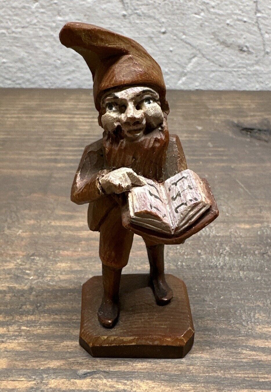 Vintage Hand Carved Wooden Statue of Gnome/Man With Beard Reading Book