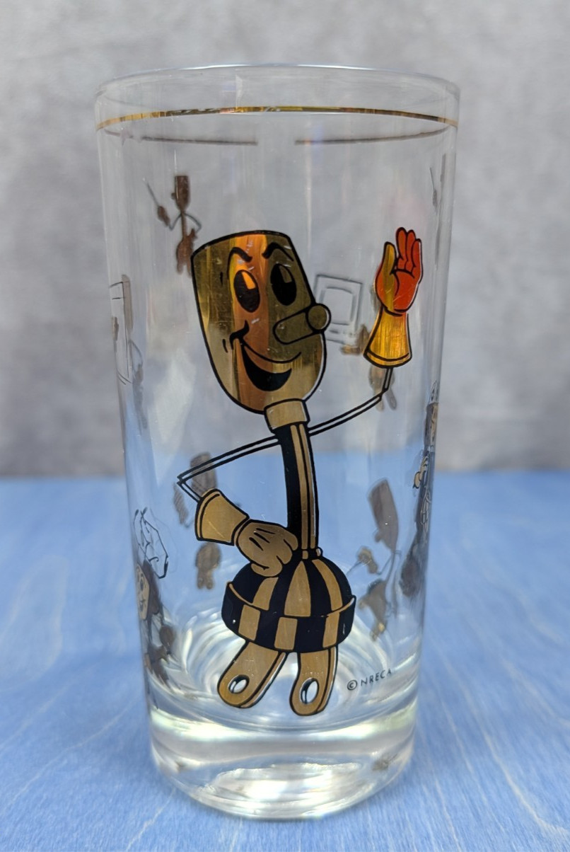 Vintage Willie Wiredhand Glass Tumbler Gold Tone Trim NRECA Rural Electric Coop