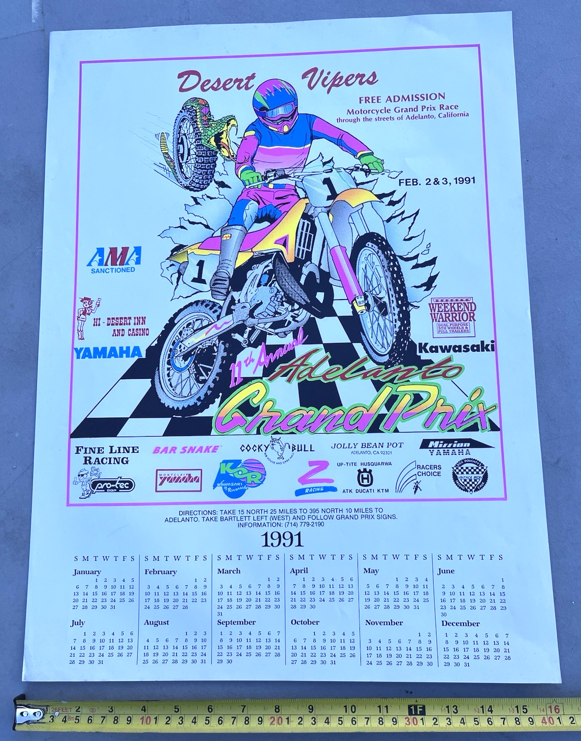 1991 Desert Vipers Grand Prix Calendar Poster AMA Motorcycle Race 11th Annual
