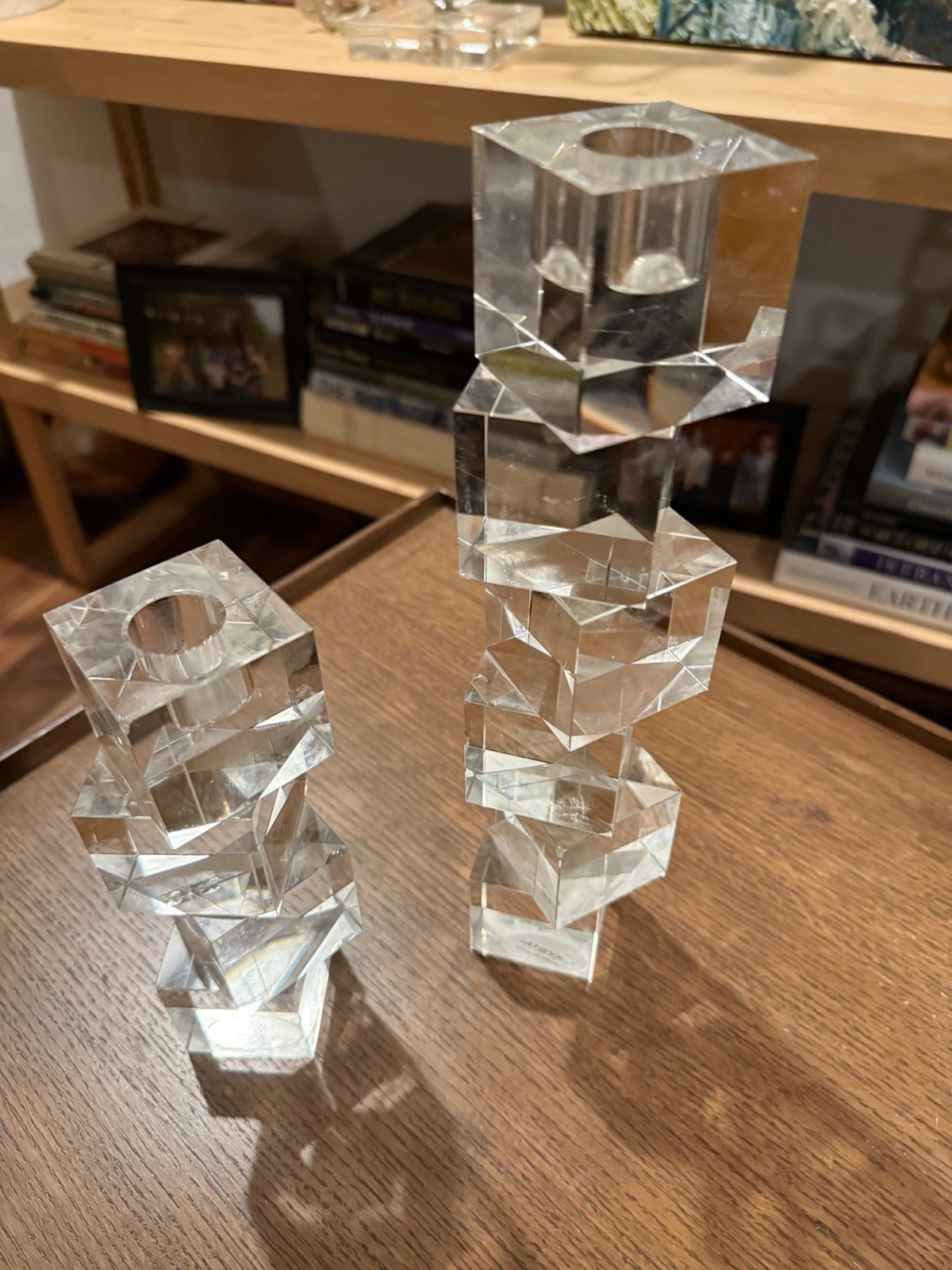 Vintage MCM Set 2 Heavy Crystal Candle Holders Graduated Faceted Geometric