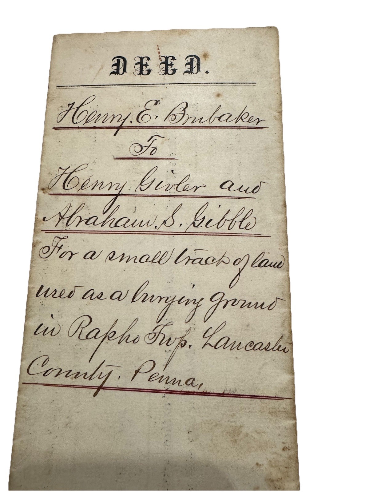 1879 Handwritten Land Deed Rapho Twp Lancaster PA Burial Ground 1 Dollar Antique