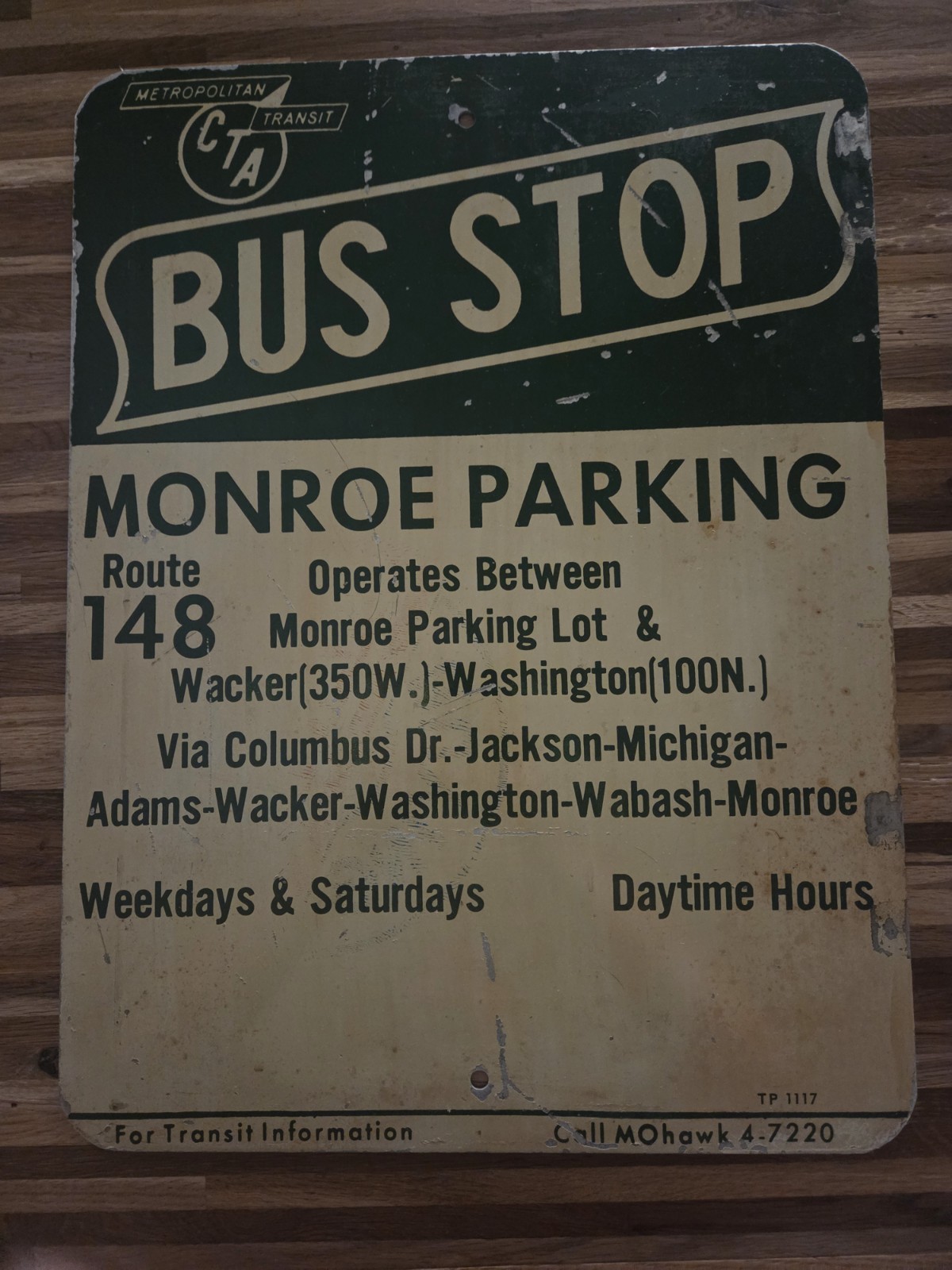 Vintage Chicago Transit CTA 2-Sided Bus Stop Monroe Parking Sign Route 148  IL