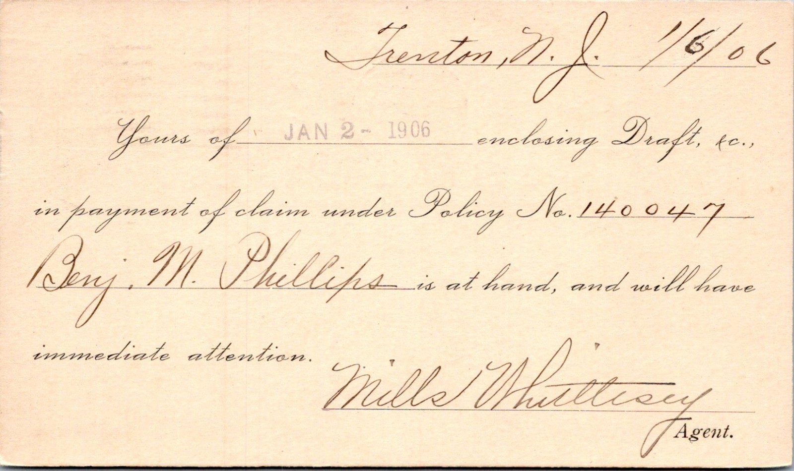 1906 Northwestern Mutual Life Postcard Trenton NJ Mills Whittlesey Suicide signd 1906 Northwestern Mutual Life Postcard Trenton NJ Mills Whittlesey Suicide signd