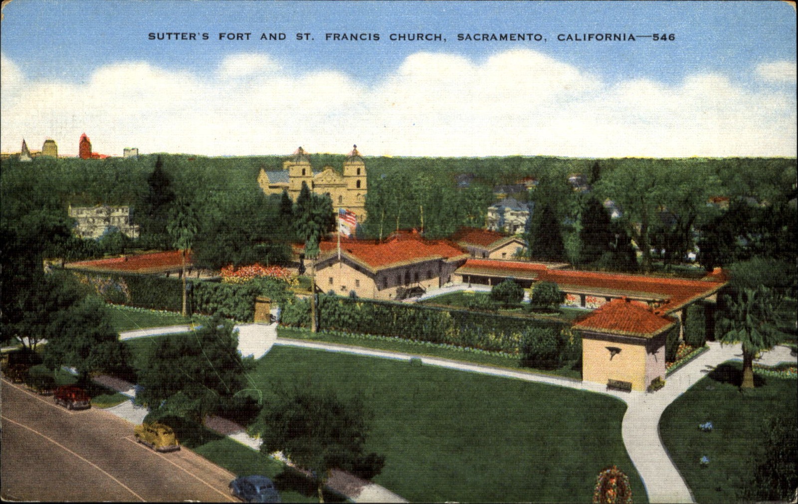 Sutter\'s Fort and St. Francis Church Sacramento California CA ~ 1940s
