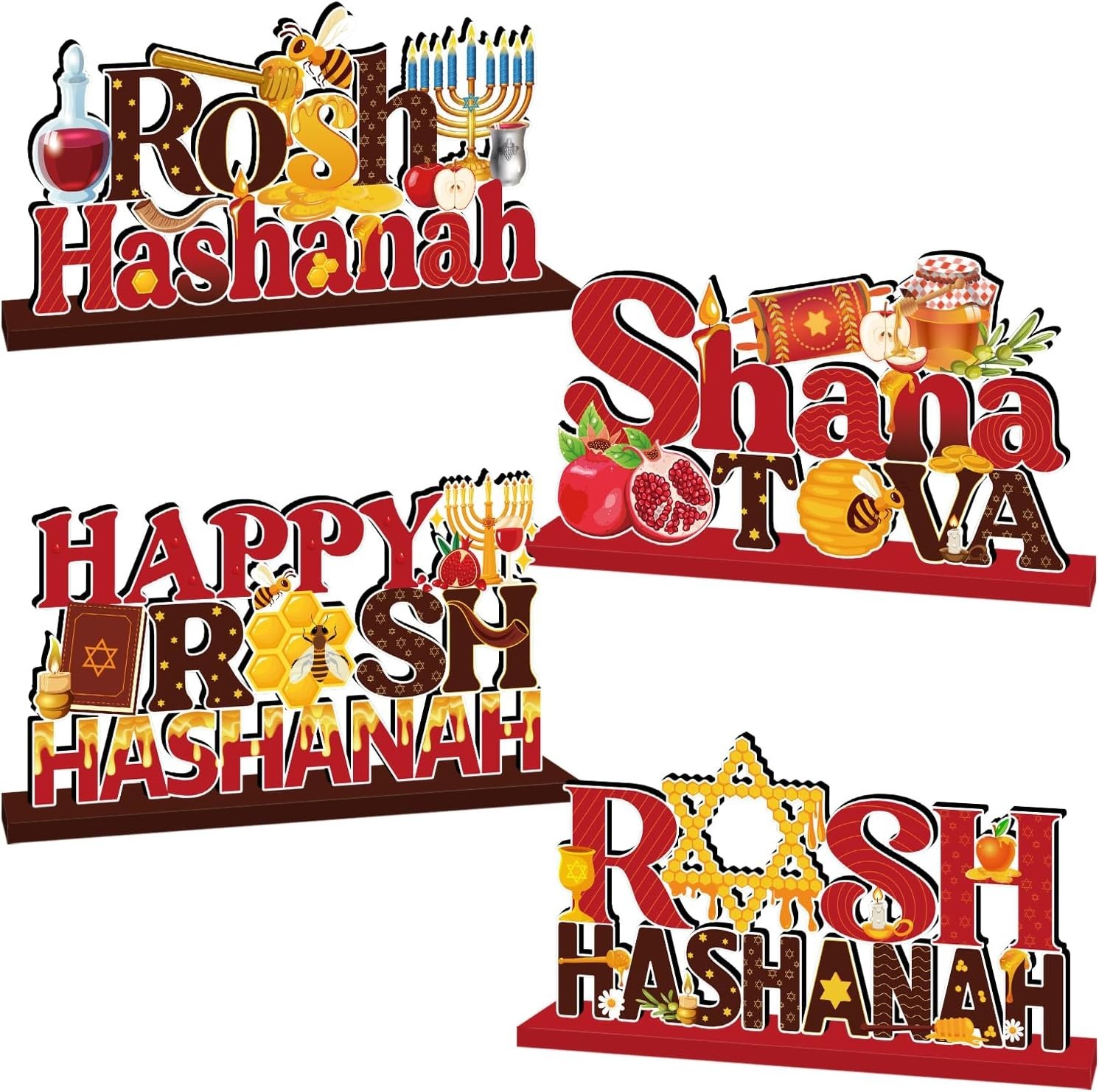 Rosh Hashanah Table Centerpiece 4Pcs Wooden Shana Tova Jewish New Year Decor
