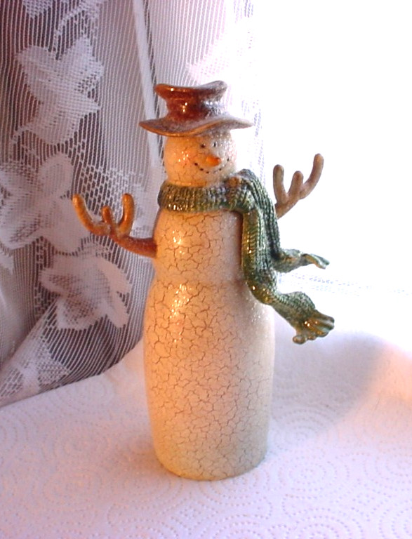 Winter Snowman Figurine Sugared Crackle Green Scarf 