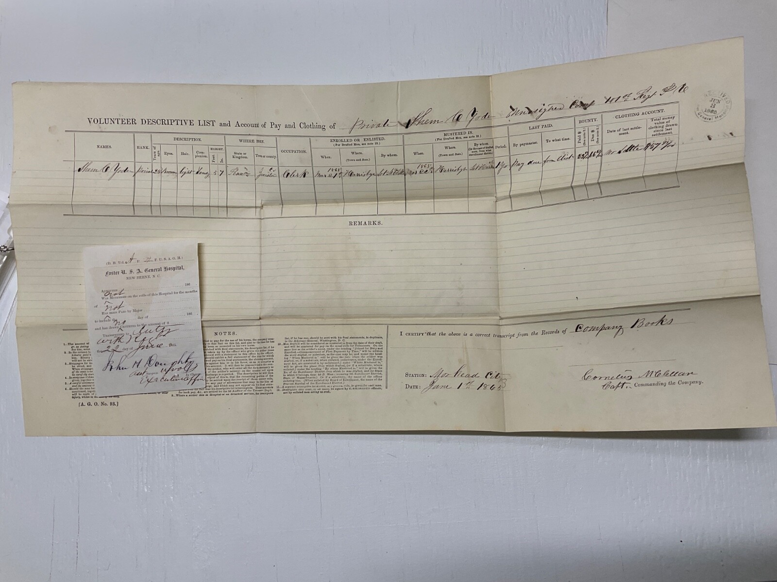 CIVIL WAR 101st PENNSYLVANIA MOREHEAD CITY N.C. PAY MUSTER & TRANSFER   1889