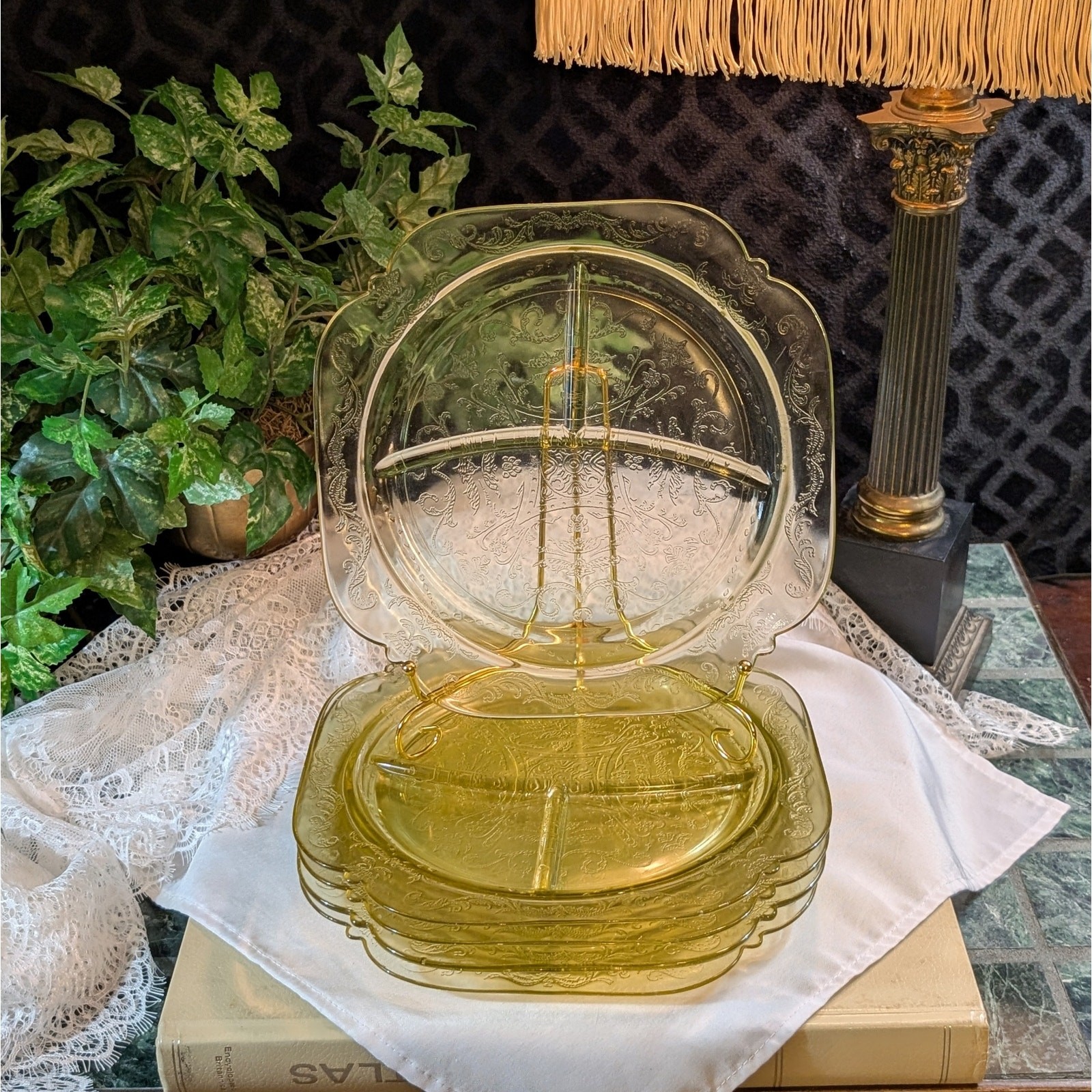 Federal Glass Madrid Divided Plates 5 Pc Set Amber Yellow Depression Glass 1930s