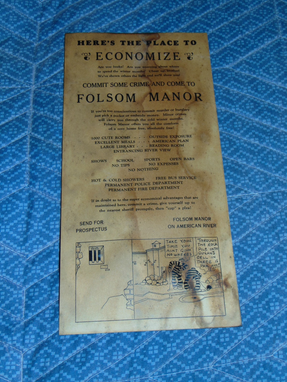VINTAGE HUMOROUS SATIRE MINI-POSTER ABOUT FOLSOM PRISON