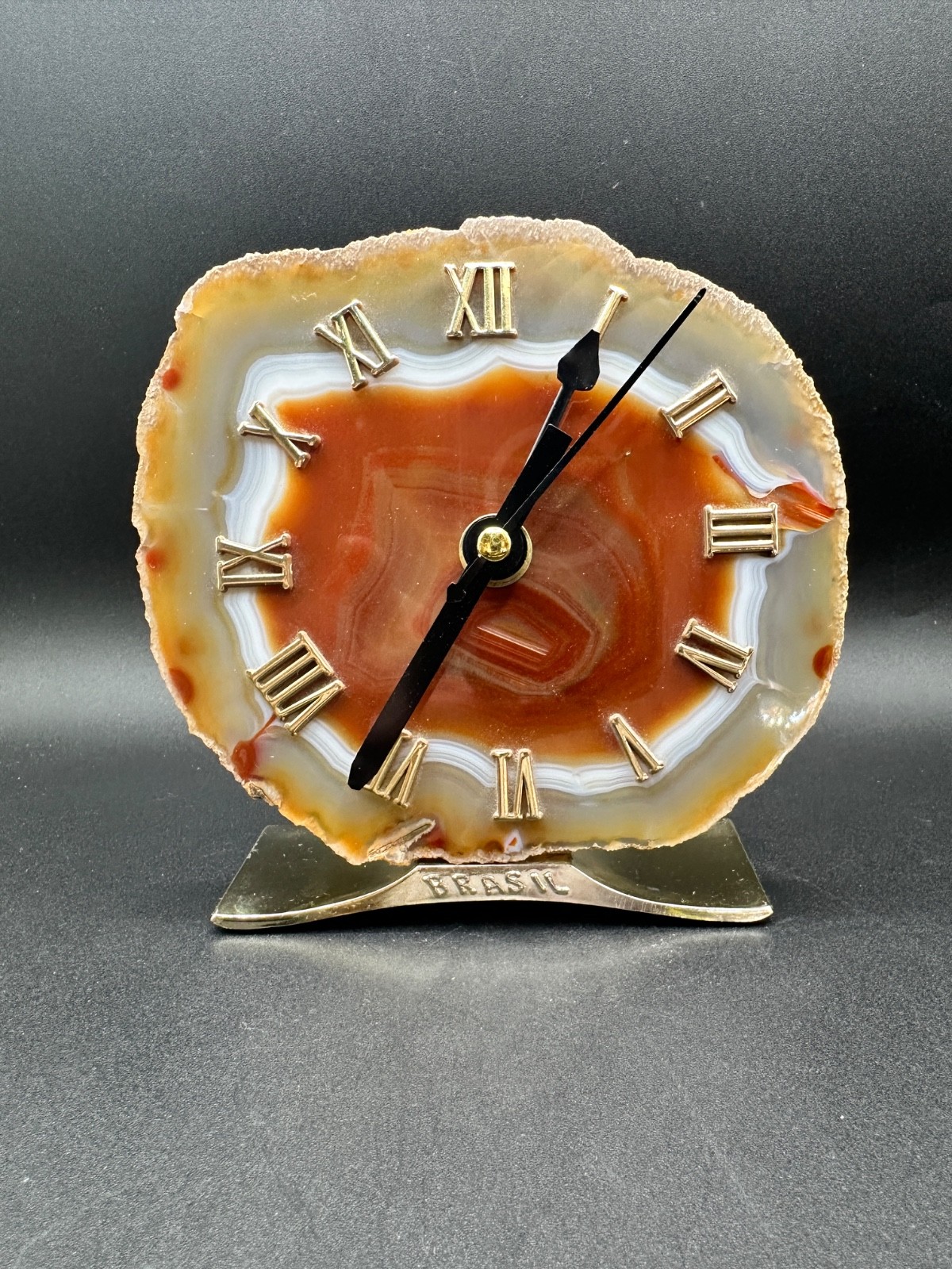 Sliced Agate Desk Clock Handmade Vintage Brazil 5.25\