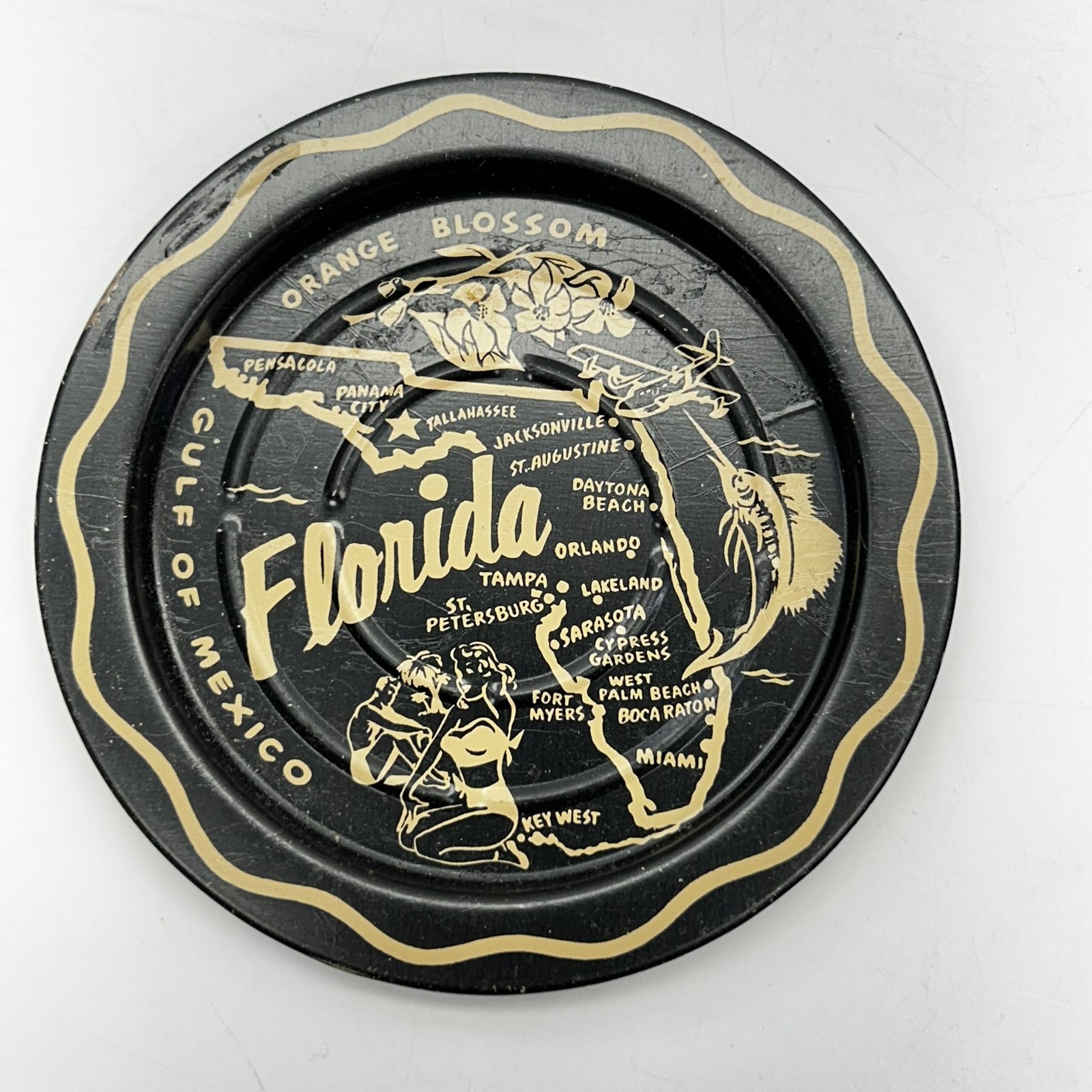 Vintage Florida Souvenir Tin Dish Black & Gold State Map Orange Blossom Travel
