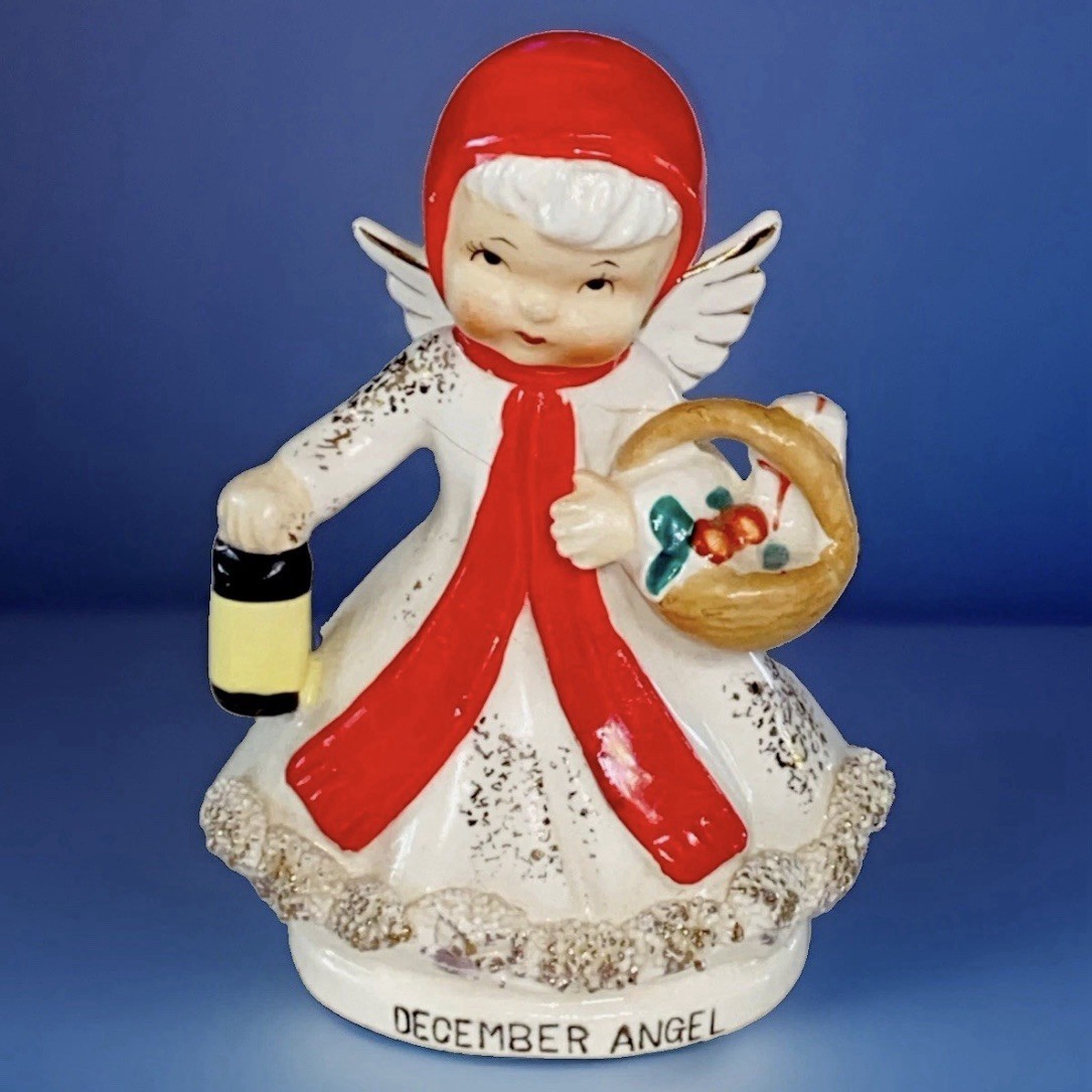 Vtg Norcrest December Angel Figurine F120 Christmas Spaghetti Trim W/label *READ