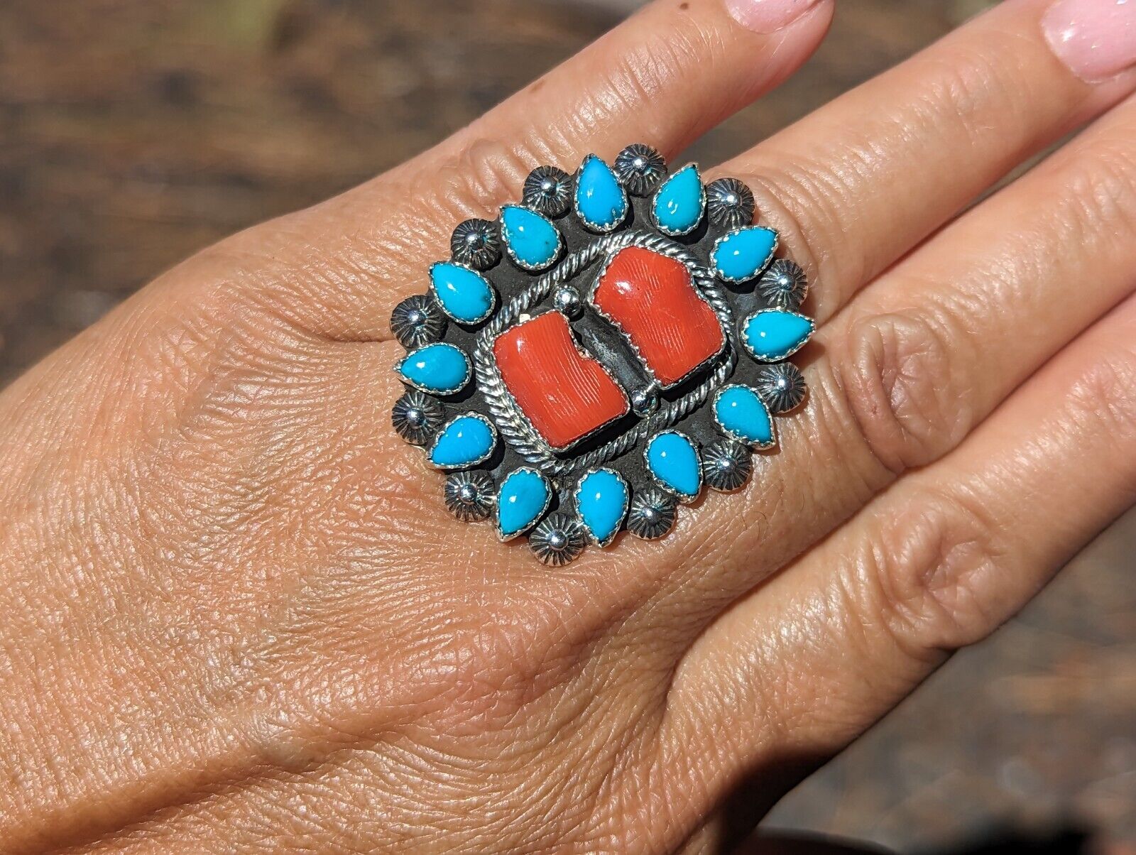 Authentic Navajo Turquoise Sterling Silver Coral Ring Handcrafted NA  sz 7.5US