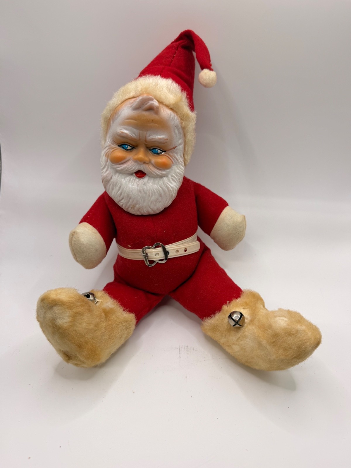 Vintage Jestia Japan Rubber Face Santa Doll with Jingle Bell Boots 13”