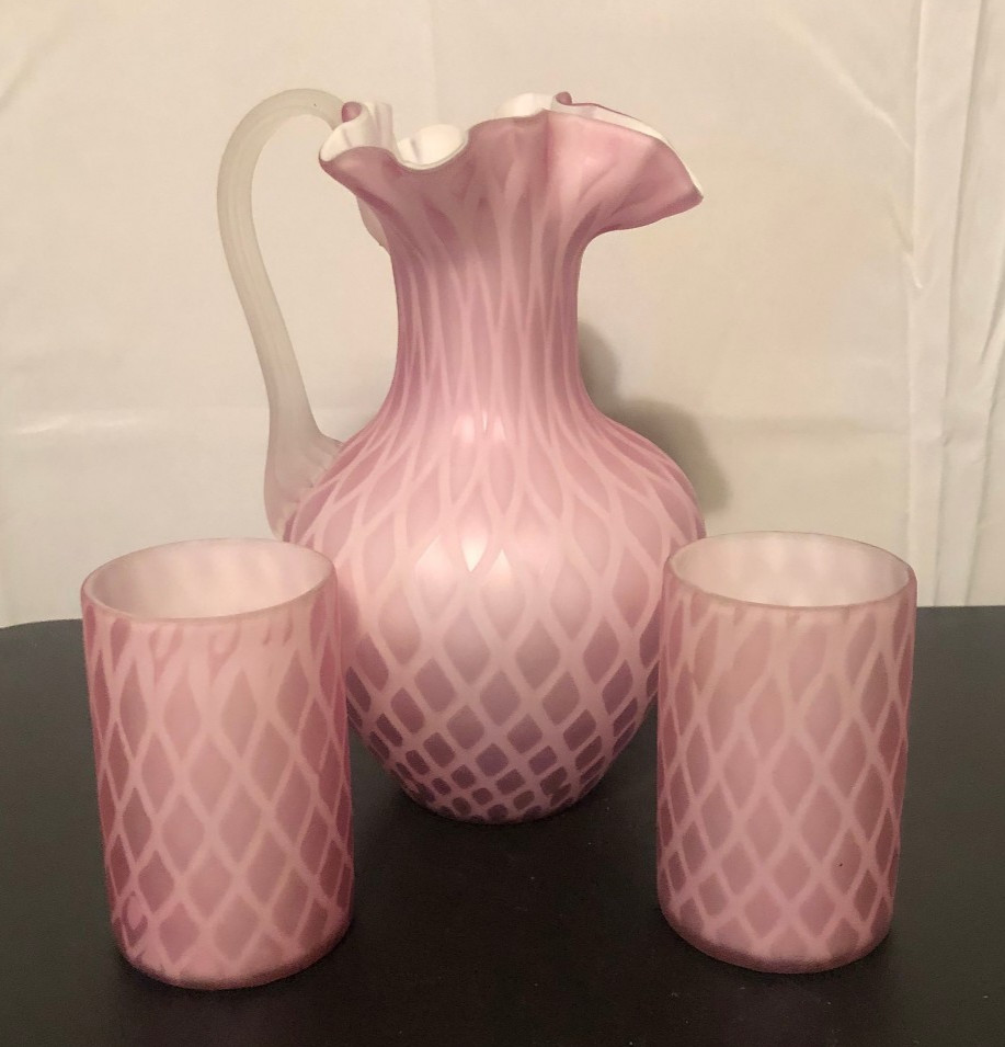 Antique Victorian Diamond Quilted Pink Satin Glass Ruffled Pitcher/Tumblers Set