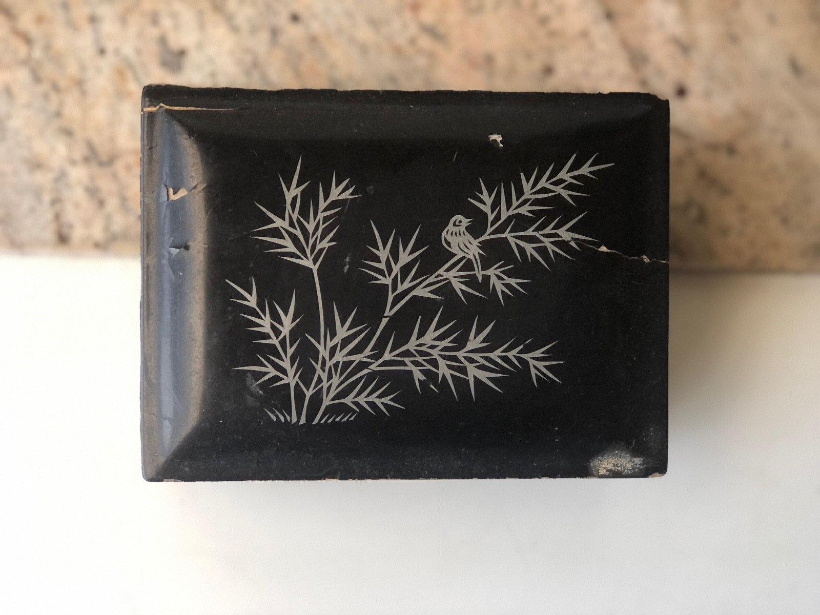 Vintage Chinese Lacquer Ware Box  - Bird & Floral Design, Black & Silver