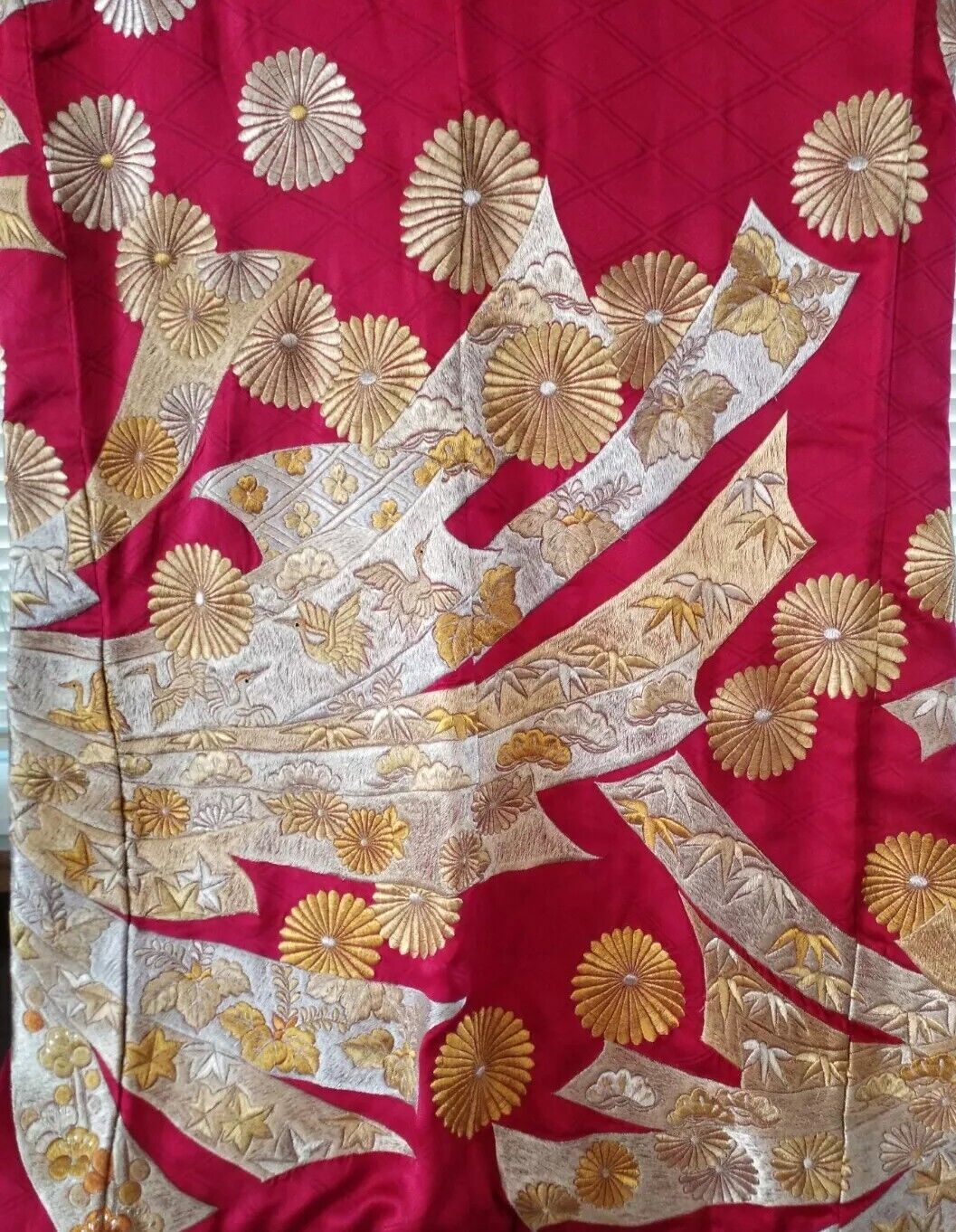 Japanese Uchikake Wedding Kimono Red Silk Silver Gold Gilded Embroidery /Cranes