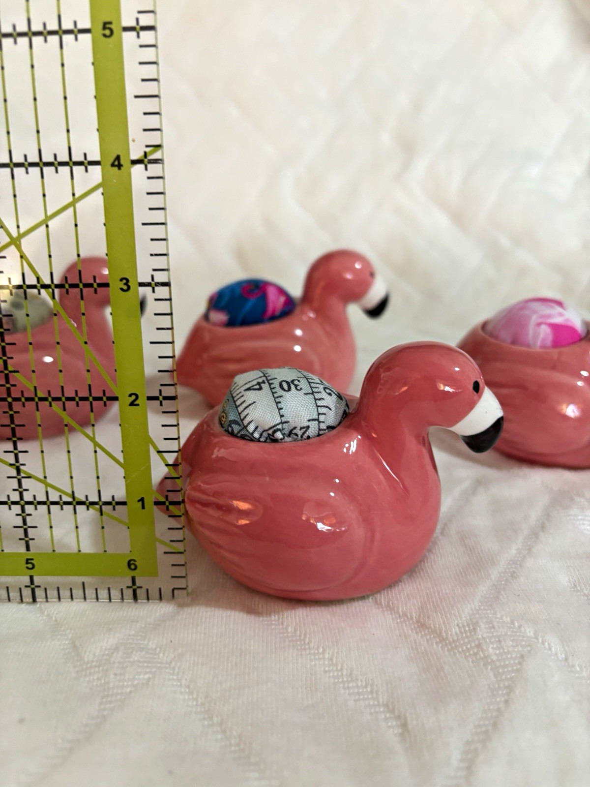 Pink Ceramic Flamingo Bird Pin Cushion Holders Figurines