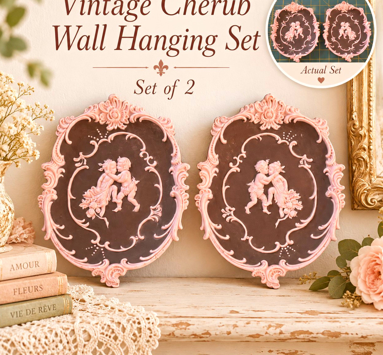 Vintage Cherub Wall Hanging Set of 2, Rococo Wall Plaques, Shabby Chic