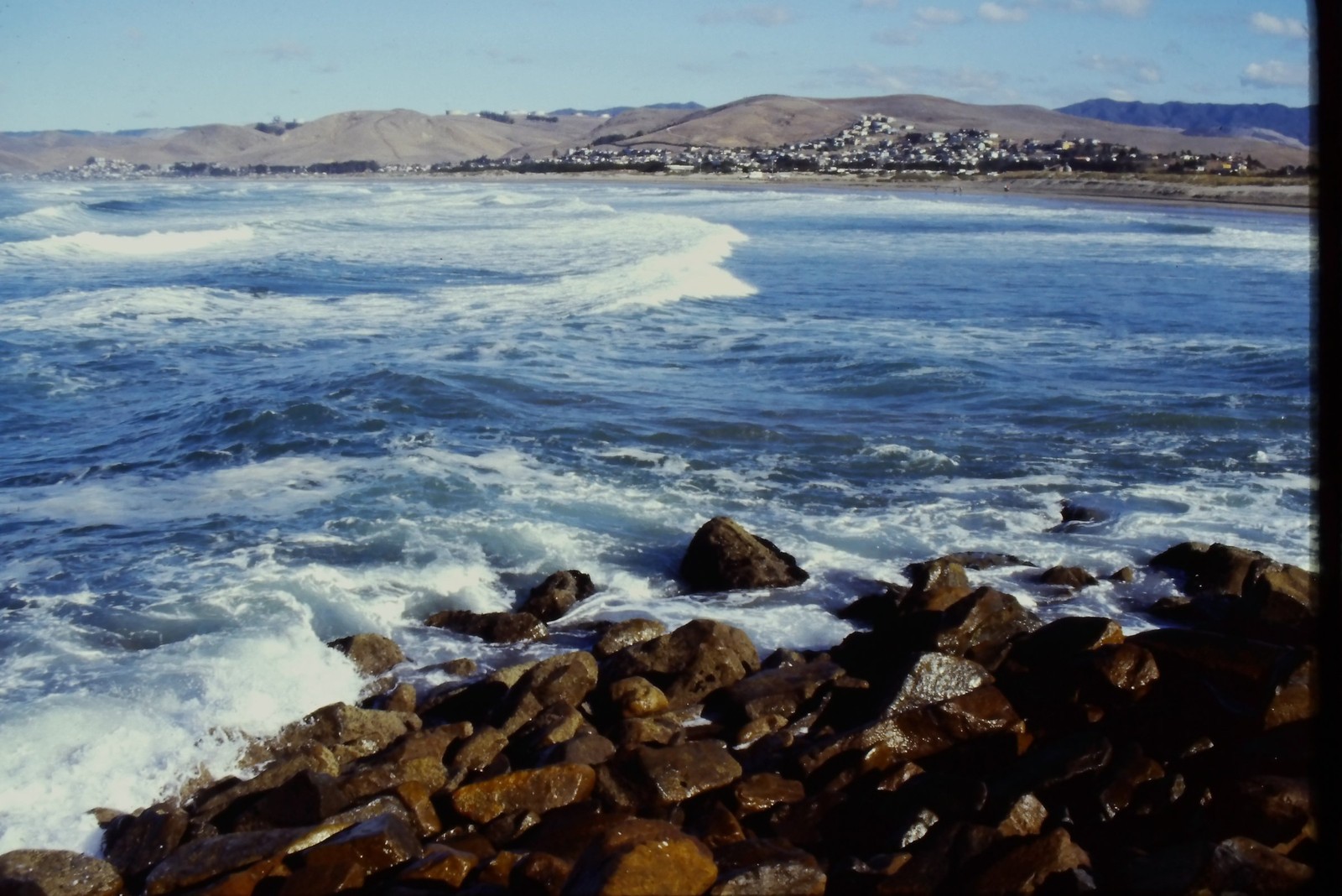 c1970\'s Kodachrome 35mm Slide, Morro Bay California Coastline Waves Town ocean