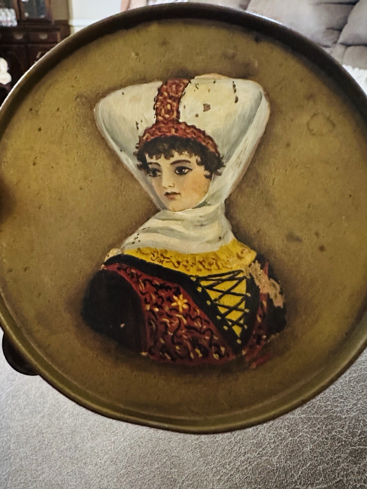 Antique Hand painted European Lady On Old Metal Toy Tambourine Renaissance