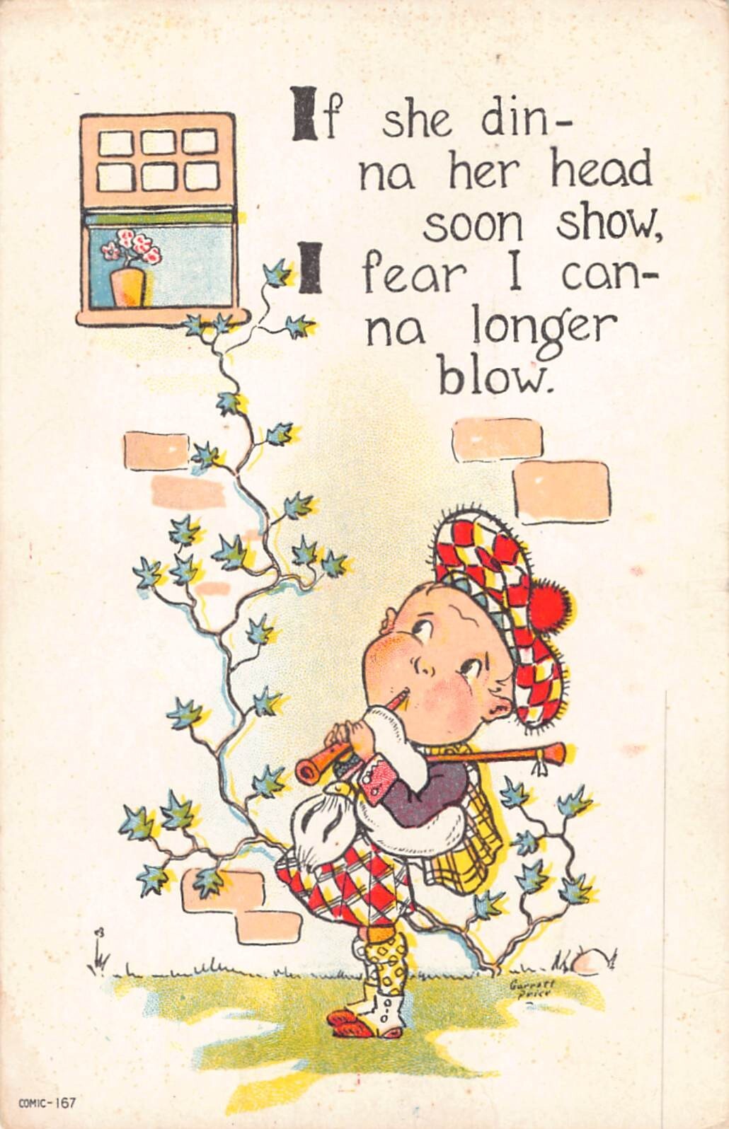 Comic Old Postcard of Scottish Boy in Kilt Blowing Bagpipes to Serenade His Girl