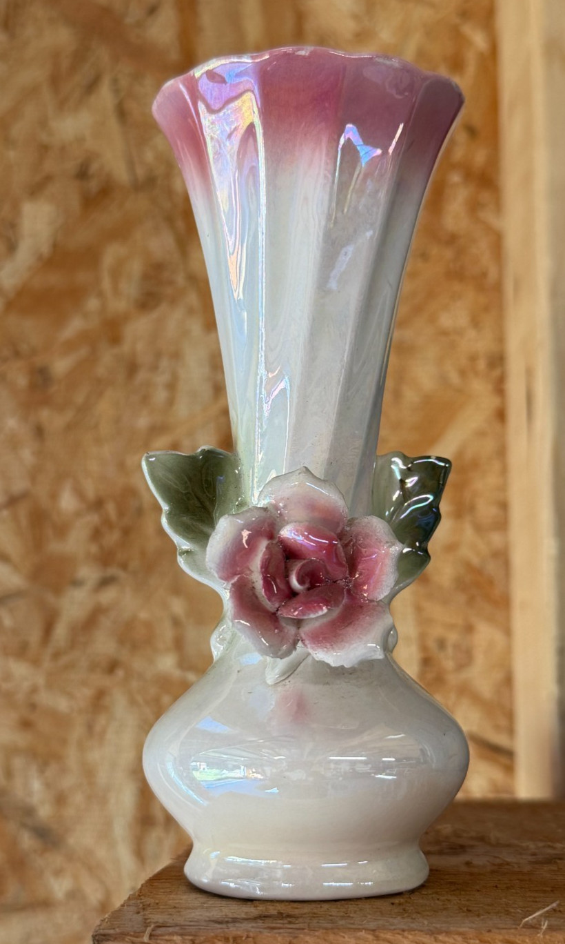 Vintage MCM Iridescent Lusterware Bud Vase Applied Pink Rose Flower 6.25\
