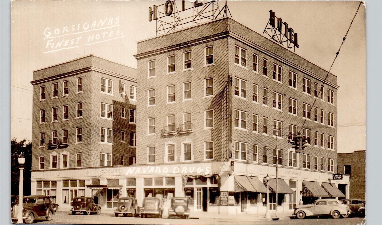 NAVARRO HOTEL corsicana tx c1930s postcard texas real photo rppc street corner
