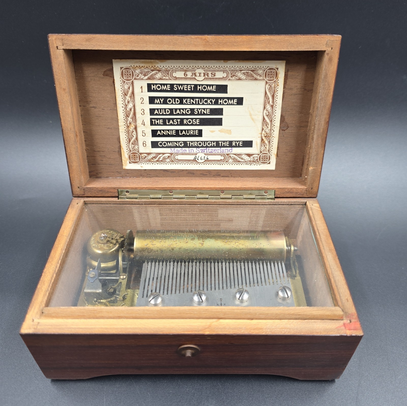 Vintage Thorens Swiss Cylinder Music Box 6 Air Wood AL636 New York 