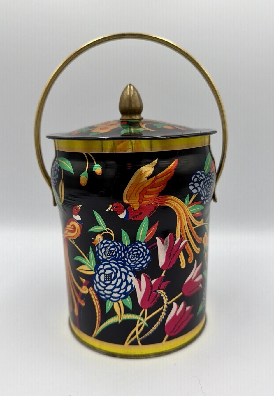 Vintage Murray Allen Confections Phoenix Bird Floral Tin Bucket w Lid Handle