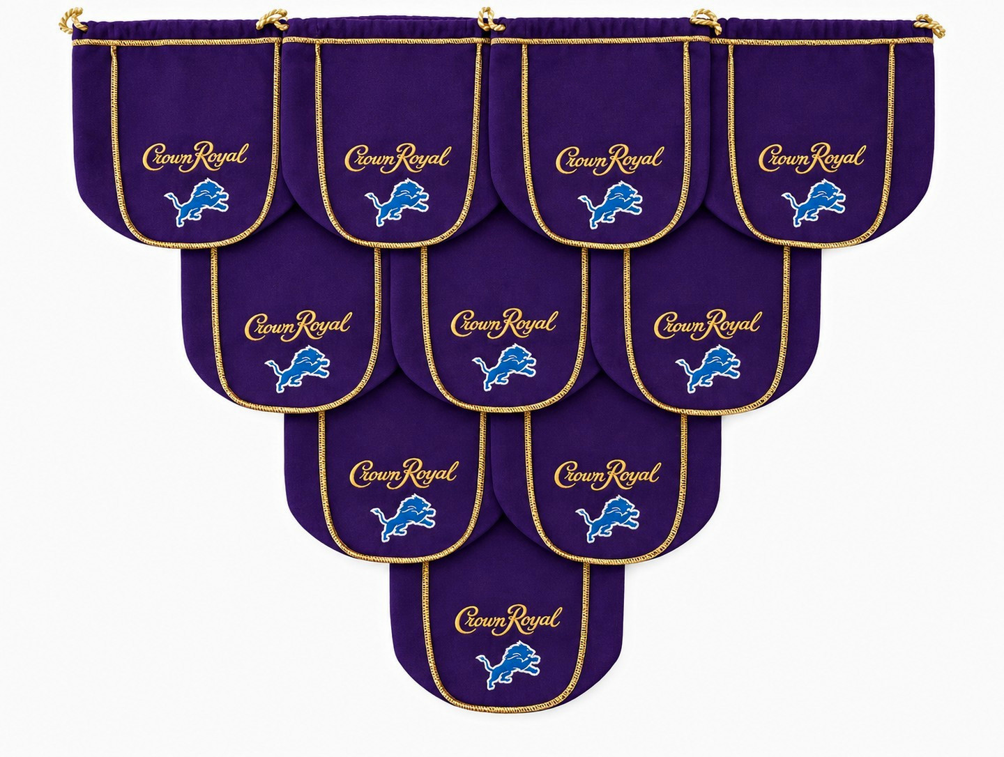 Lot of 10 Detroit Lions Crown Royal Purple Drawstring Bags Gold Trim